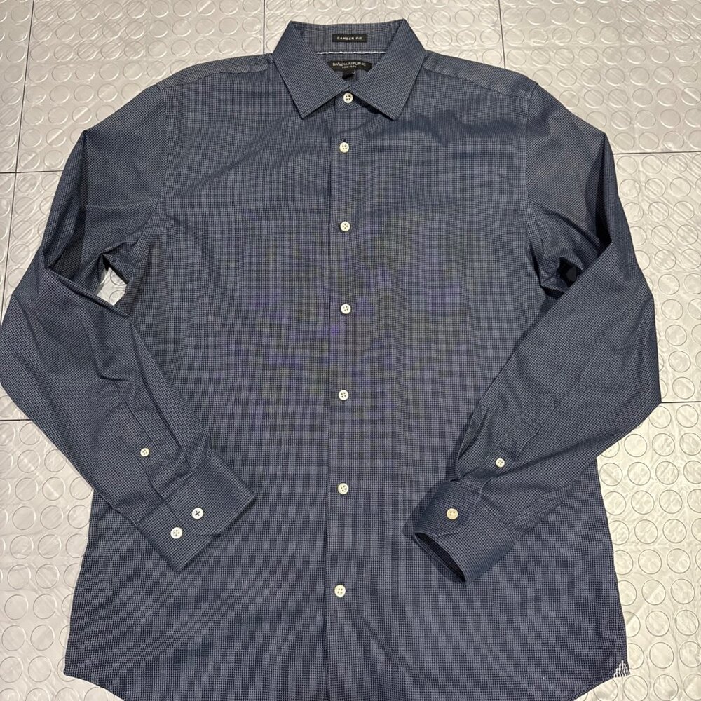 Banana Republic Non-Iron Cotton Camden Fit Button Dress Shirt Navy Blue Circle L